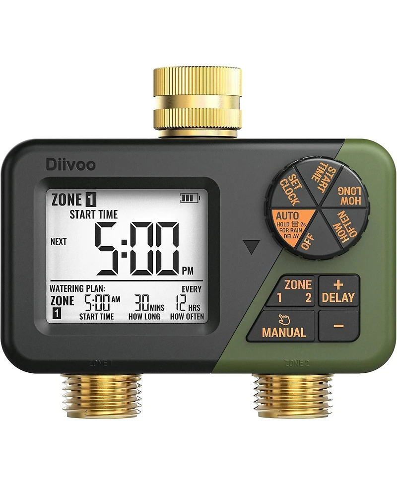 Tessan Brass 2-Zone Programmable Sprinkler Timer with Large Display, Rain Delay and Manual Watering