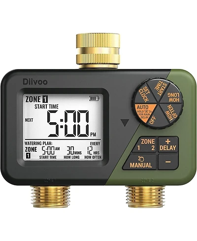 Tessan Brass 2-Zone Programmable Sprinkler Timer with Large Display, Rain Delay and Manual Watering