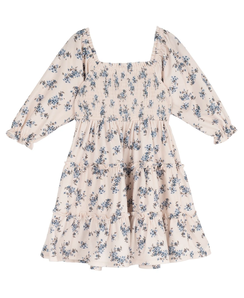 Rare Editions Girls' 4T-6X Floral Print Hand-Smocked Corduroy Dress