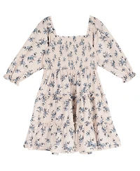 Rare Editions Girls' 4T-6X Floral Print Hand-Smocked Corduroy Dress