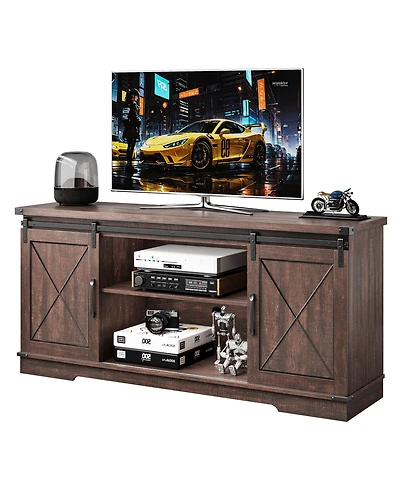 homfan Farmhouse Tv Stand for TVs – Sliding Barn Doors + Adjustable Shelf Spacious Storage Modern Brown Living Room or Bedroom