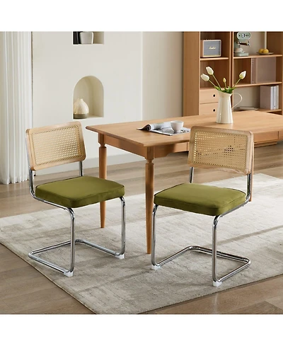 Flynama Mid Century Modern Dining Chairs Set of 2, Velvet Accent Chairs with Cane Back and Stainless Chrome Base