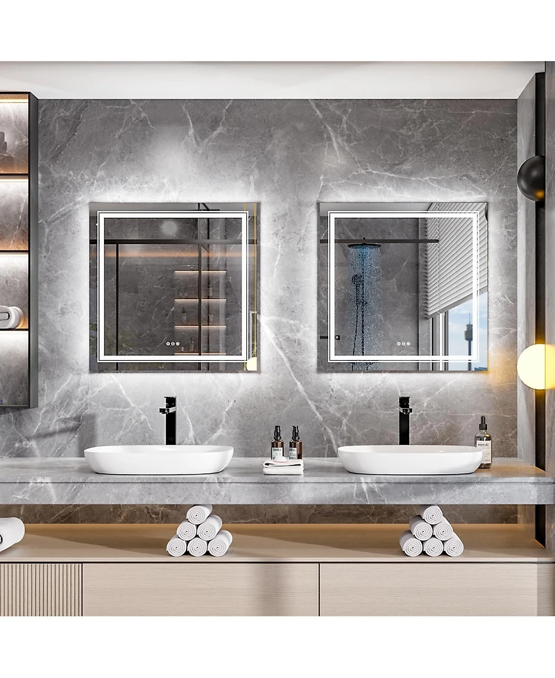 Luvodi 32"x32" Square Led Bathroom Mirror Illuminated Dimmable 3 Colors Backlit and Front Light Smart Touch