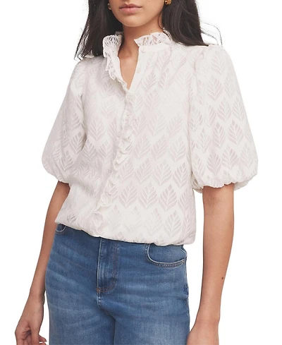Mint Velvet Women's Short Puff Sleeve Jacquard Ruffle-Trim Blouse