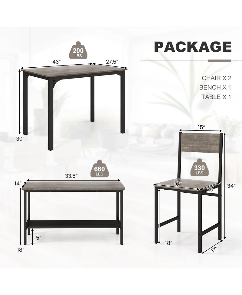 Mecale 4-Piece Rustic Dining Table Set with Storage Bench and 2 Chairs