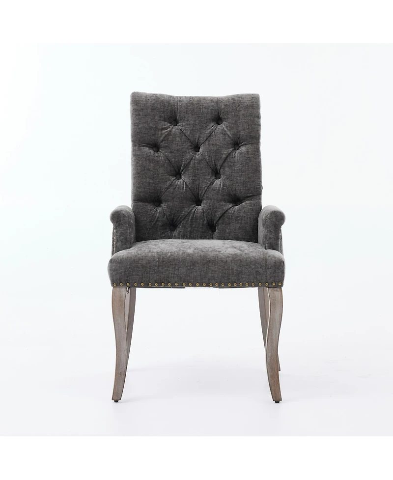 Flynama Upholstered Chenille Arm Dining Chair, Tufted Accent Chair with Curved Solid Wood Legs