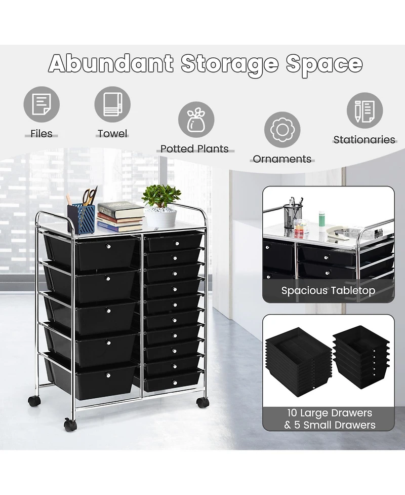 Mecale 15-Drawer Rolling Storage Cart with Top Shelf