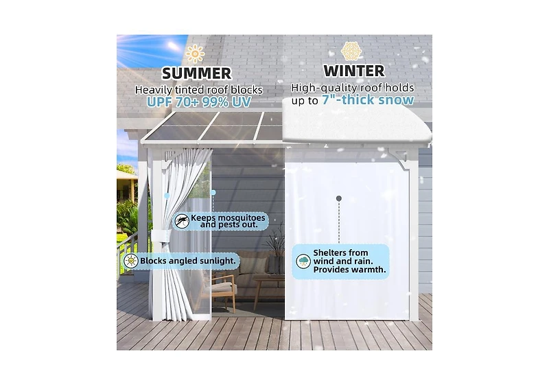 Aecojoy 12' x 8'Wall Mounted Hardtop Gazebo Lean to Metal Pergola with Curtains Netting Patio