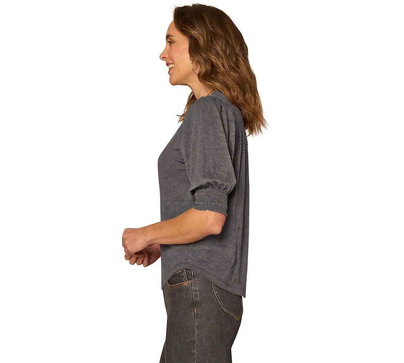 Democracy Petite Elbow-Length Blouson Scalloped V-Neck Blouse
