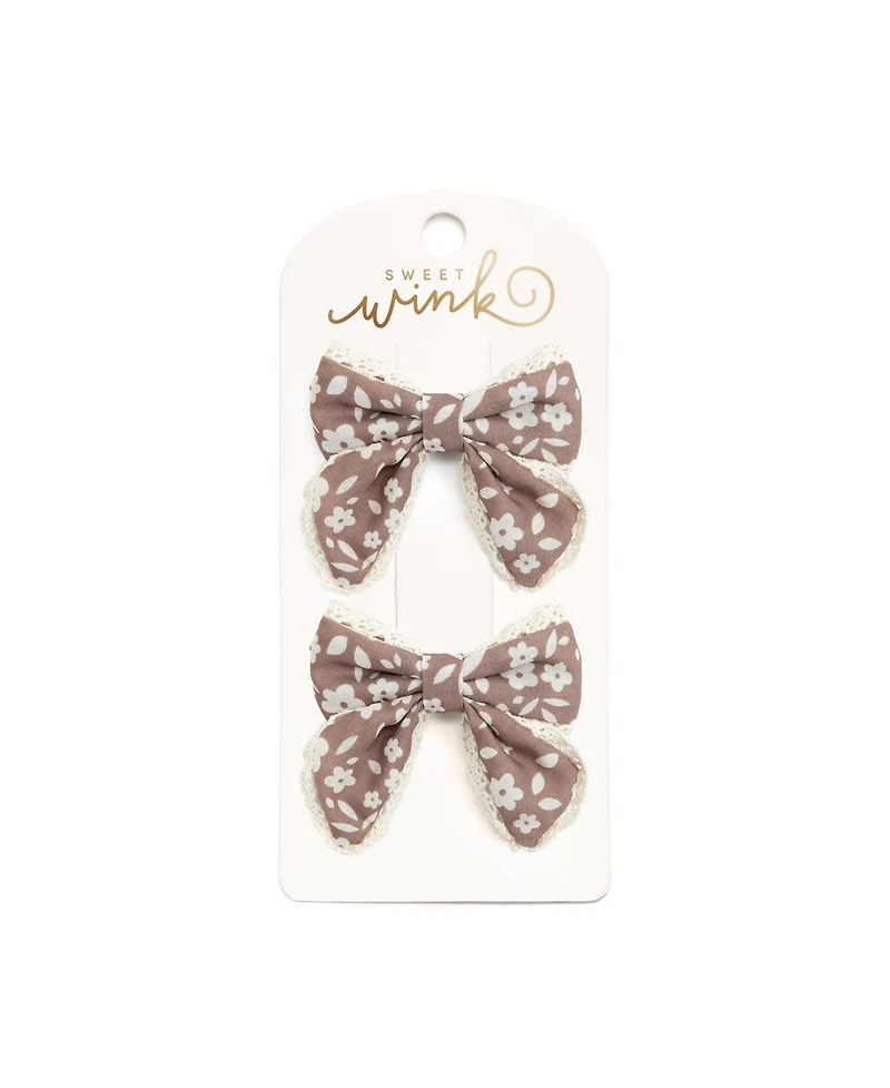 Sweet Wink Little and Big Girls Mocha Floral Lace Bow Clip Set