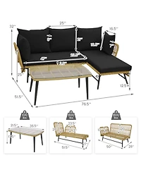 Sugift 3-Piece L-Shape Outdoor Rattan Patio Sofa Set with Glass Coffee Table