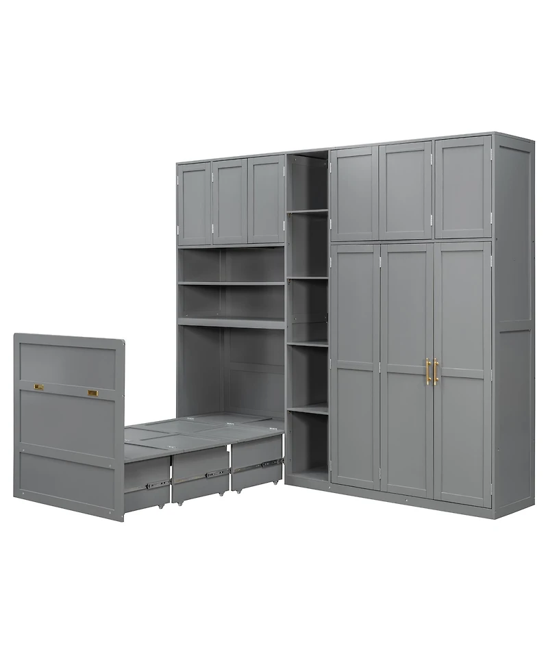 Clihome Twin Murphy Cabinet Bed with Wardrobe and Storage Shelves, 5-Tier Led Display Overhead Cabinets