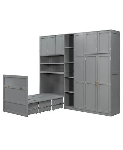 Clihome Twin Murphy Cabinet Bed with Wardrobe and Storage Shelves, 5-Tier Led Display Overhead Cabinets