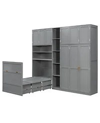 Clihome Twin Murphy Cabinet Bed with Wardrobe and Storage Shelves, 5-Tier Led Display Overhead Cabinets