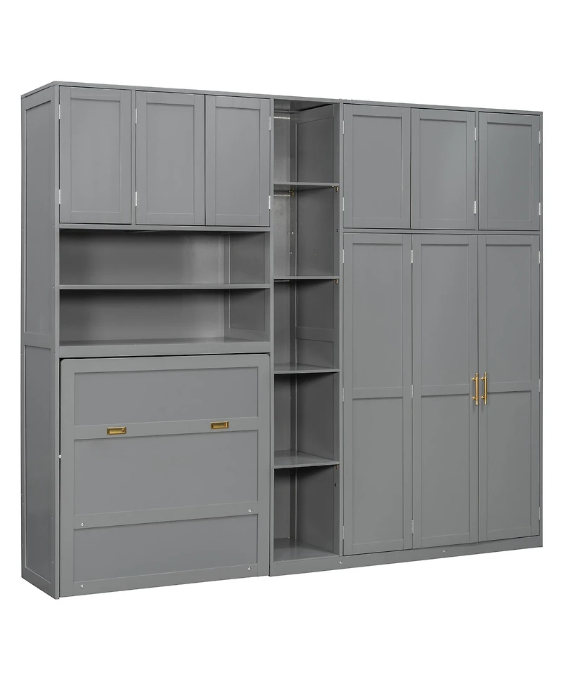 Clihome Twin Murphy Cabinet Bed with Wardrobe and Storage Shelves, 5-Tier Led Display Overhead Cabinets