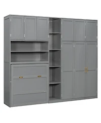 Clihome Twin Murphy Cabinet Bed with Wardrobe and Storage Shelves, 5-Tier Led Display Overhead Cabinets