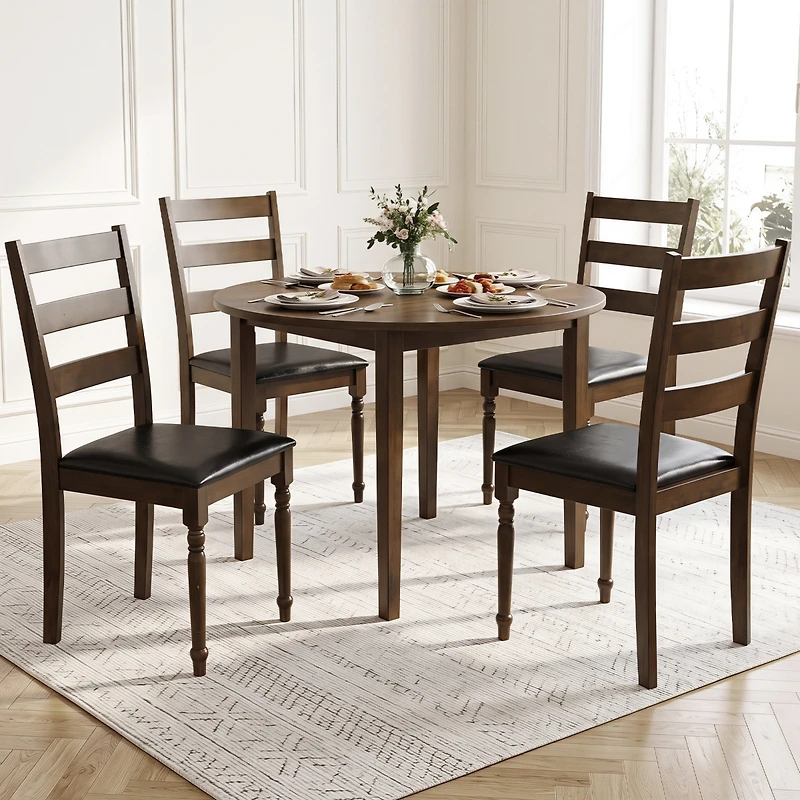 Gymax 4Piece Farmhouse Pu Leather Upholstered Dining Chairs with Ladder Back Padded Seat