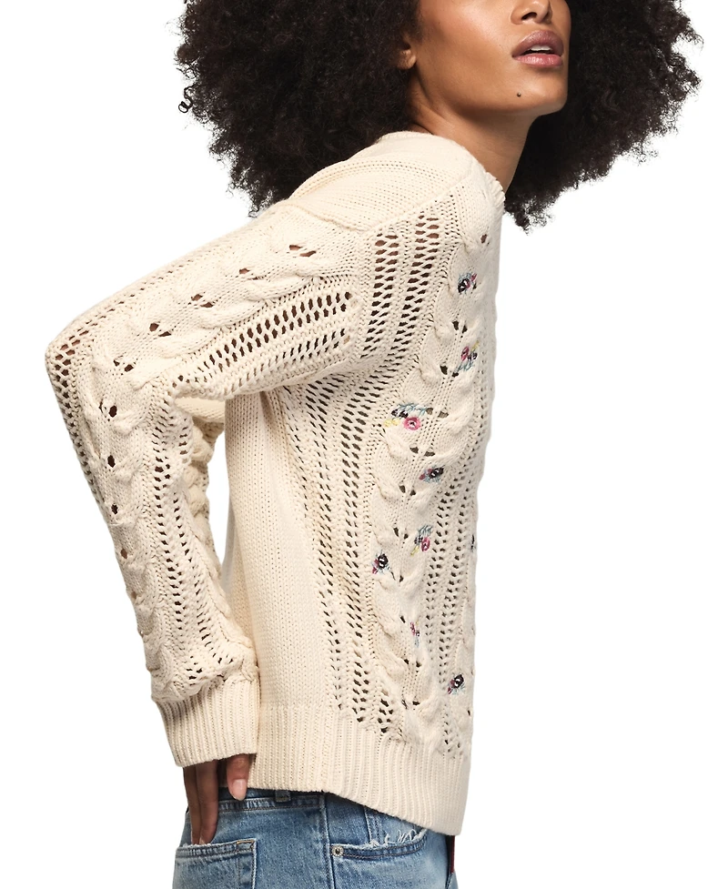 Lucky Brand Women's Floral-Embroidered Cable-Knit Crewneck Sweater