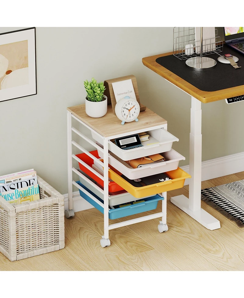 Mecale 6-Drawer Rolling Storage Cart with Wooden Tabletop