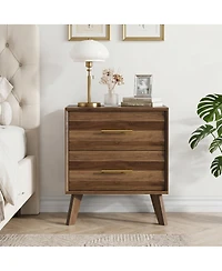 Streamdale Furniture Double Drawer Mid-Century Modern Bedside Table with Metal Handles