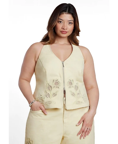 Eloquii Plus Halter Floral-Embroidery Denim Vest