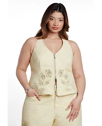 Eloquii Plus Halter Floral-Embroidery Denim Vest