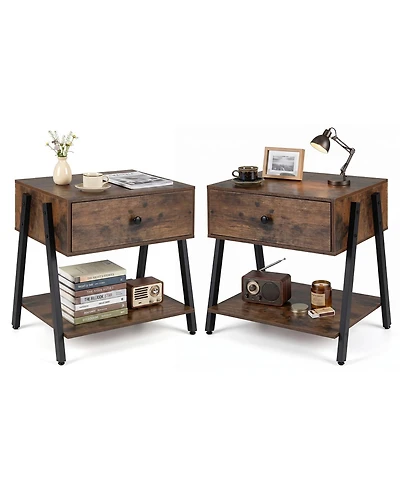 Gymax 2 Pieces Industrial Nightstand with Drawer Open Storage Shelf Adjustable Foot Pads