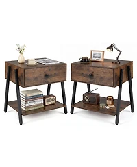 Gymax 2 Pieces Industrial Nightstand with Drawer Open Storage Shelf Adjustable Foot Pads