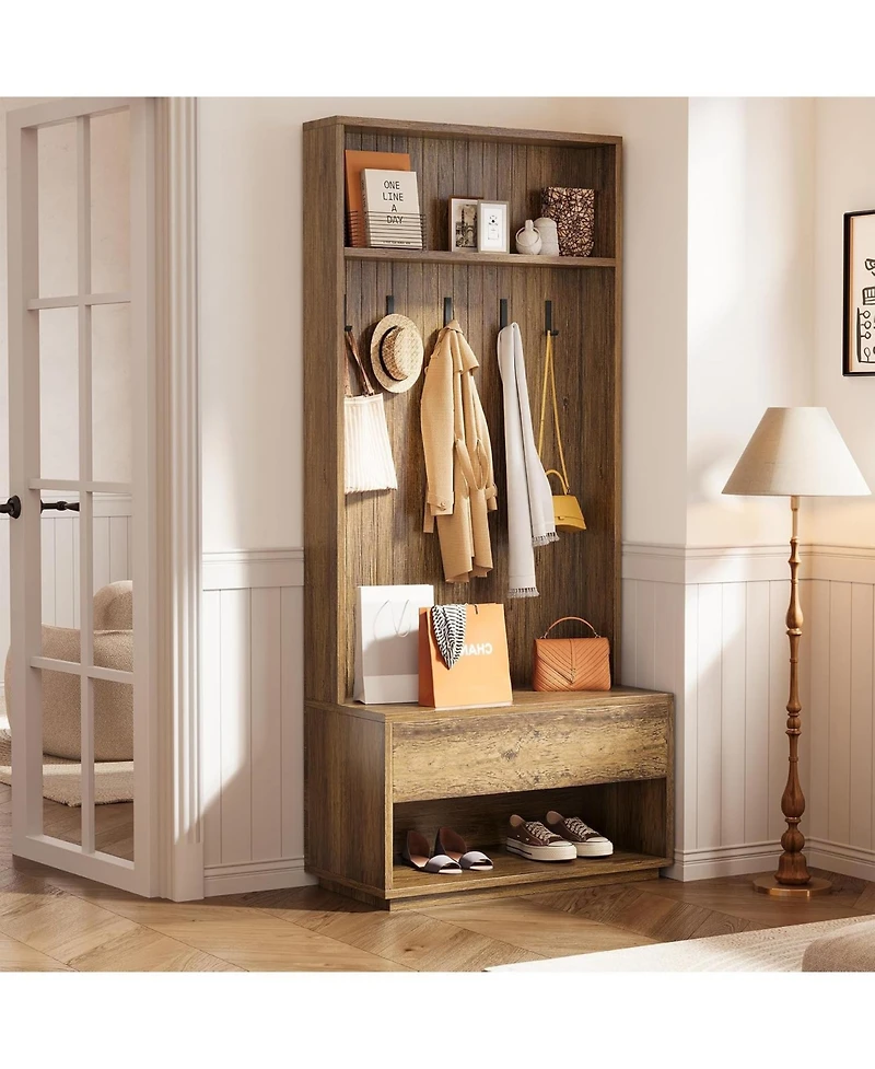 Tribesigns Hall Tree with Bench and Shoe Storage, Entryway Coat Rack with Shoe Bench and Drawer, 5 Hooks, Freestanding Hall Tree Organizer