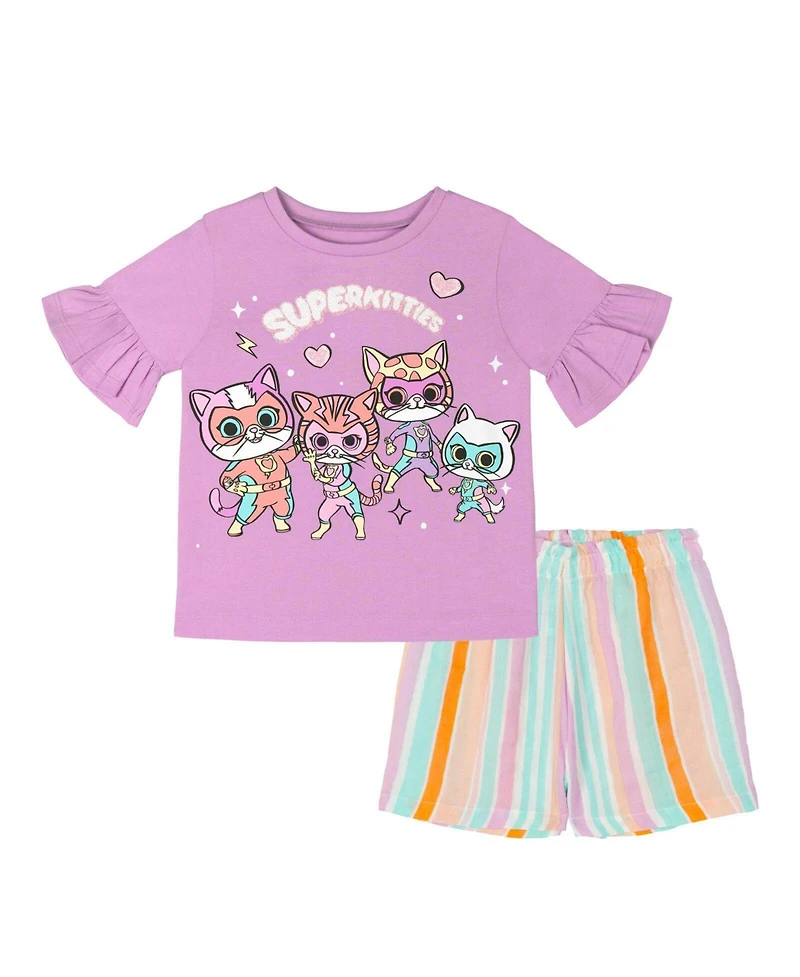 Super Kitties Toddler Girls' 2-Piece Short Sleeve Tee and Gauze Shorts Set