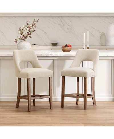 Maison Boucle Set of 2 Mid-Century Modern Counter Height Bar Stools, Upholstered Cutout Back, Solid Wood Frame, 26" Seat