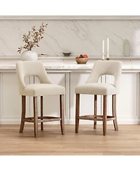 Maison Boucle Set of 2 Mid-Century Modern Counter Height Bar Stools, Upholstered Cutout Back, Solid Wood Frame, 26" Seat