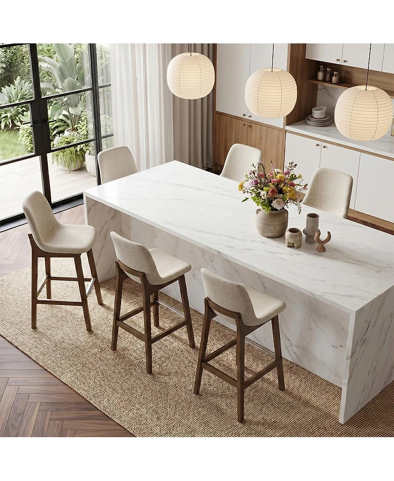 Maison Boucle Set of 6 Counter Height Bar Stools, Polyester Upholstered, Solid Wood Frame, Low Back Scoop