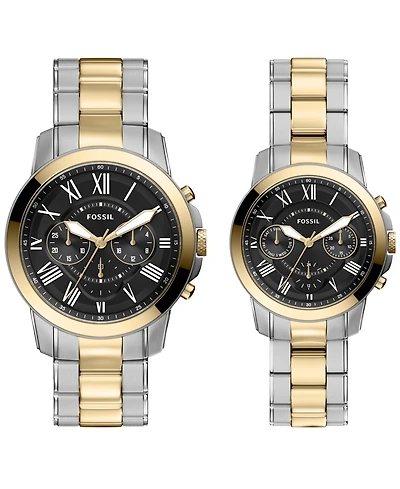 Fossil Unisex Grant Chronograph Silver Gold-Tone Stainless Steel Watch Set 44mm and 36mm