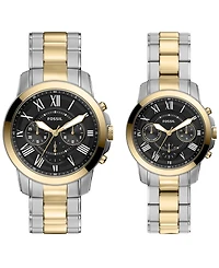 Fossil Unisex Grant Chronograph Silver Gold-Tone Stainless Steel Watch Set 44mm and 36mm