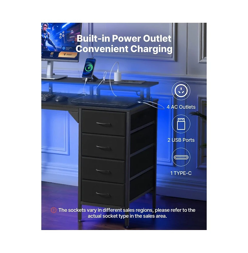 Slickblue Gaming Desk with Led Lights, Charging Station, 4 Storage Drawers and Monitor Shelf