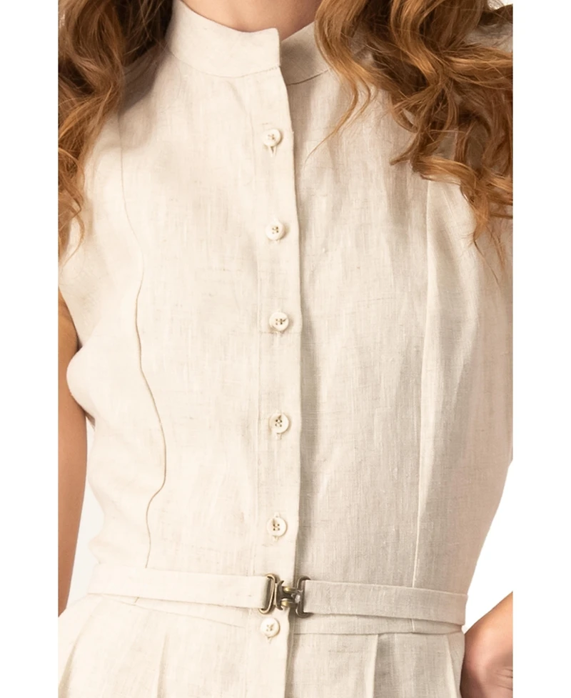 Ivonne Women's Linen Belted Band Collar Midi Shirtdress