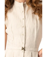 Ivonne Women's Linen Belted Band Collar Midi Shirtdress