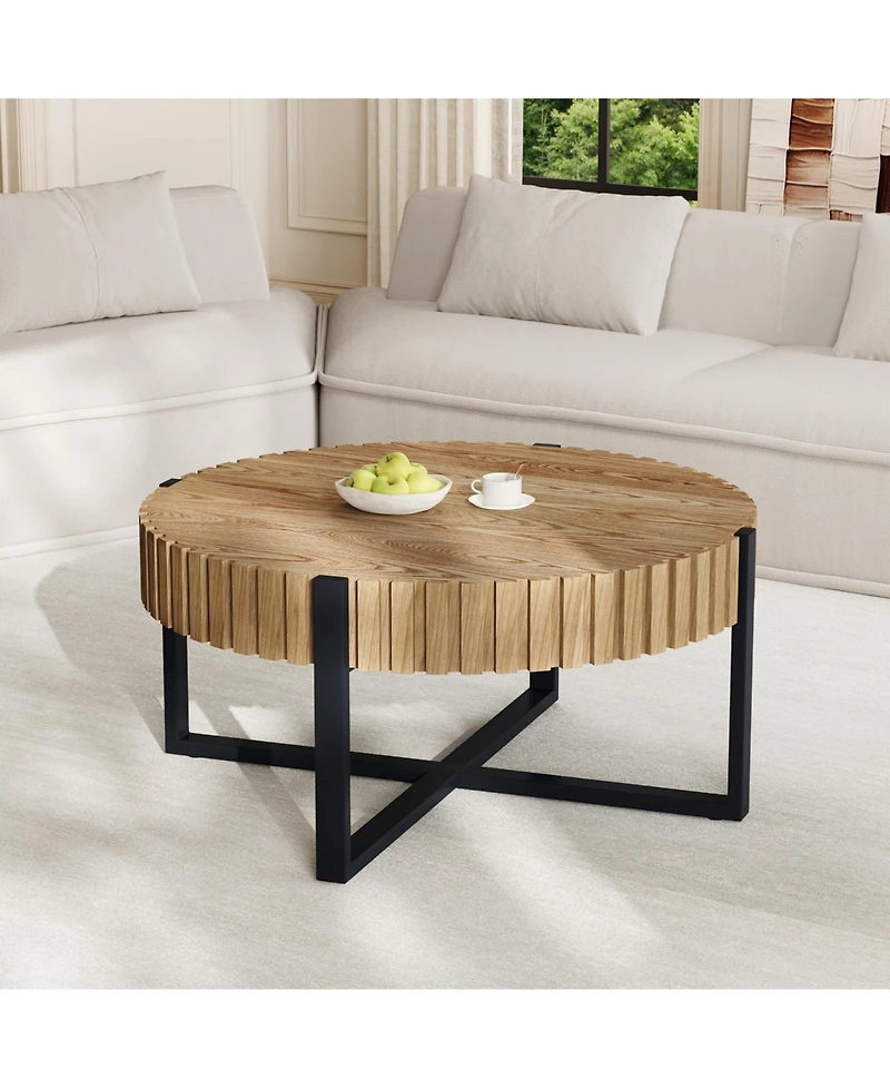 Flynama 31.5" Round Drum Coffee Table Mdf Wood Grain Industrial Metal Base
