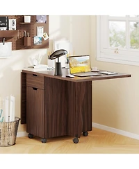 Mecale 3-in-1 Folding Drop-Leaf Dining Table with Drawers and Lockable Wheels