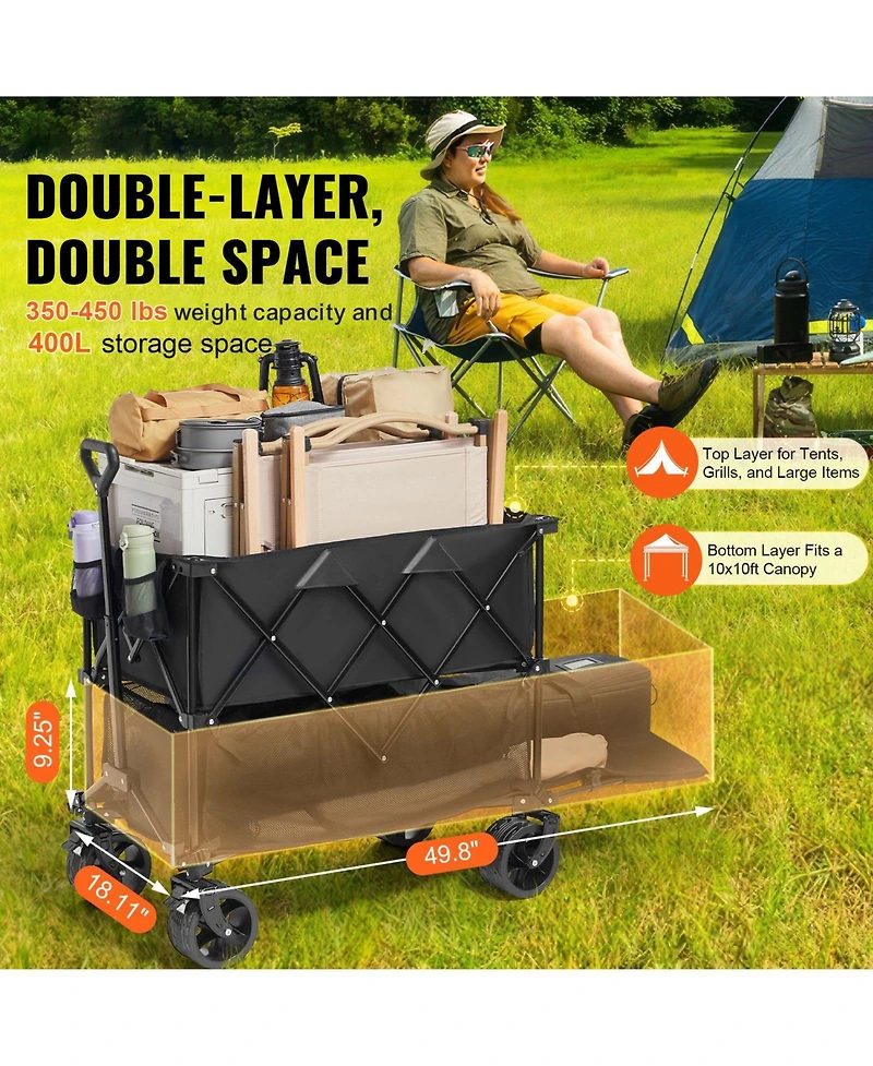 Mountaintop Foldable Double Decker Wagon,400L Cart,350-450LBS,All-Terrain Wheels,52" Extender,Camping Garden