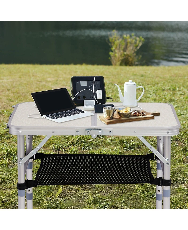 Mountaintop Folding Camping Table, Lightweight Aluminum Outdoor Table with Mesh Shelf, 2 Height Settings, Foldable for Picnic & Travel.