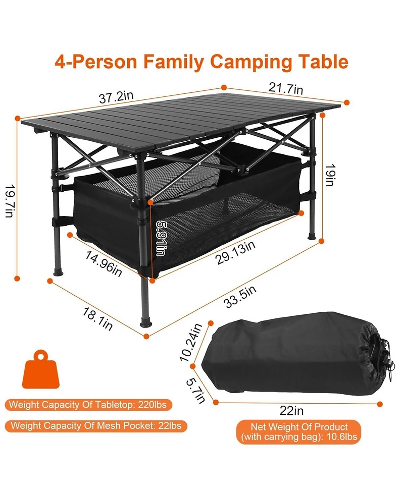 Mountaintop Folding Camping Table, Lightweight Aluminum Roll-Up Picnic Table with Carrying Bag, Heavy-Duty for Bbq, Beach & Patio