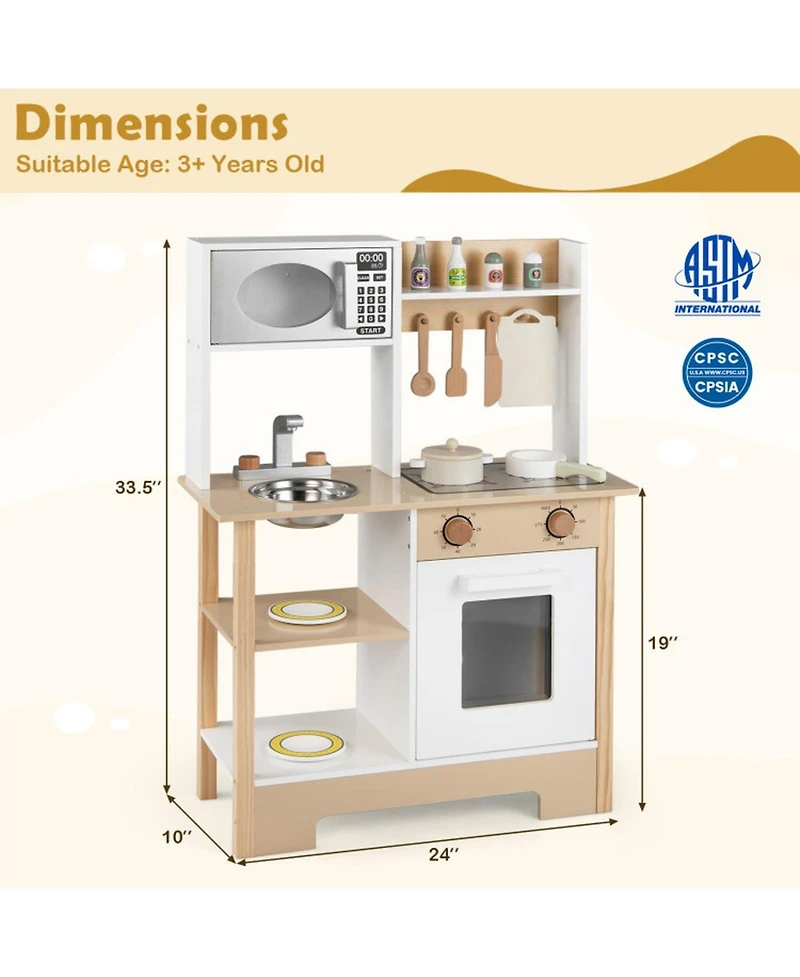 Sugift Wooden Toy Kitchen Playset with Built-In Chalkboard and Stainless Steel Sink, 13-Piece, Ages 3+