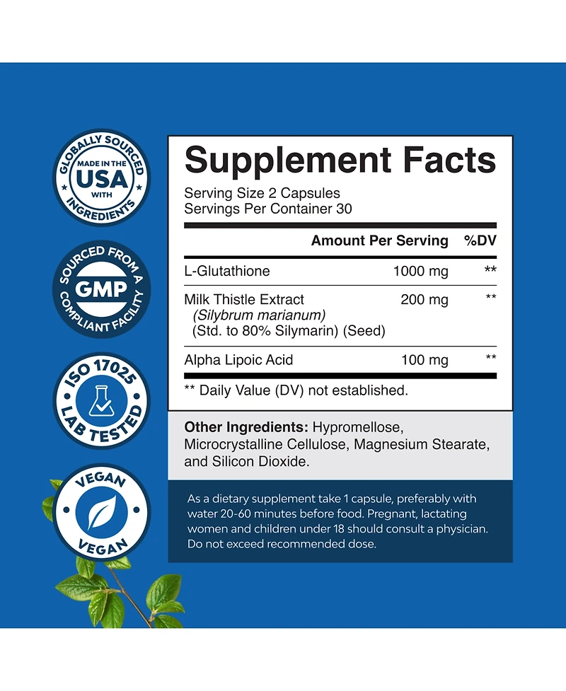 Nature's Craft Reduced L-Glutathione Supplement with Alpha Lipoic Acid and Milk Thistle | 60 Capsules