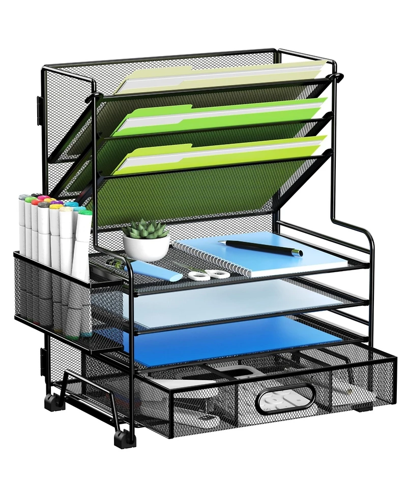 Danrong 4-Tier Document Tray and 3-Slot File Organizer – Metal Desktop Storage Rack