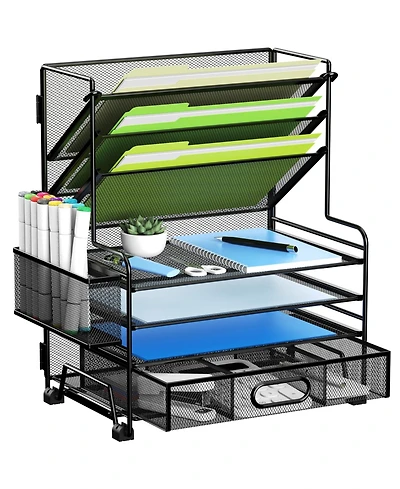 Danrong 4-Tier Document Tray and 3-Slot File Organizer – Metal Desktop Storage Rack