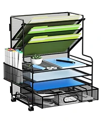 Danrong 4-Tier Document Tray and 3-Slot File Organizer – Metal Desktop Storage Rack
