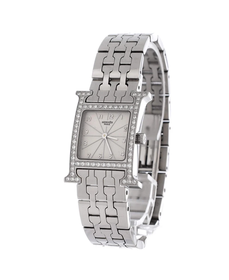 Pre-Owned Hermes Heure H Quartz Watch in Stainless Steel with Diamond Bezel 21mm