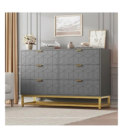 Dresser for Bedroom, 6 Drawer Dresser with Metal Legs, Wood Dressers Chest Organizer with Wide Storage, Modern Chest of Drawers for Bedroom, Hallway